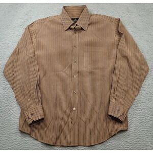 Bugatchi Uomo Men's L Dress Shirt‎ Striped Brown Rayon Polyester Long Sleeve